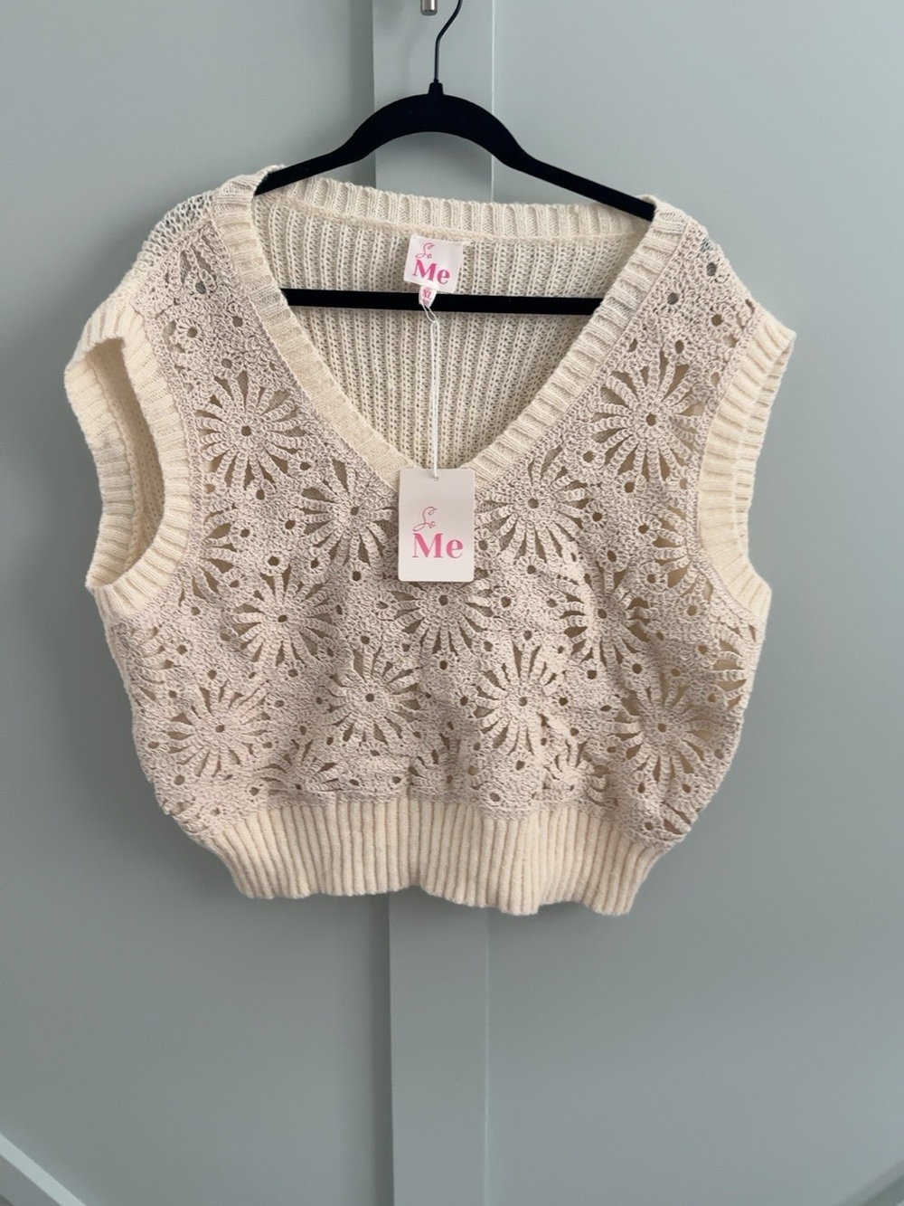 NWT So Me Floral Crochet Sweater Vest Cream Ivory Boho XL